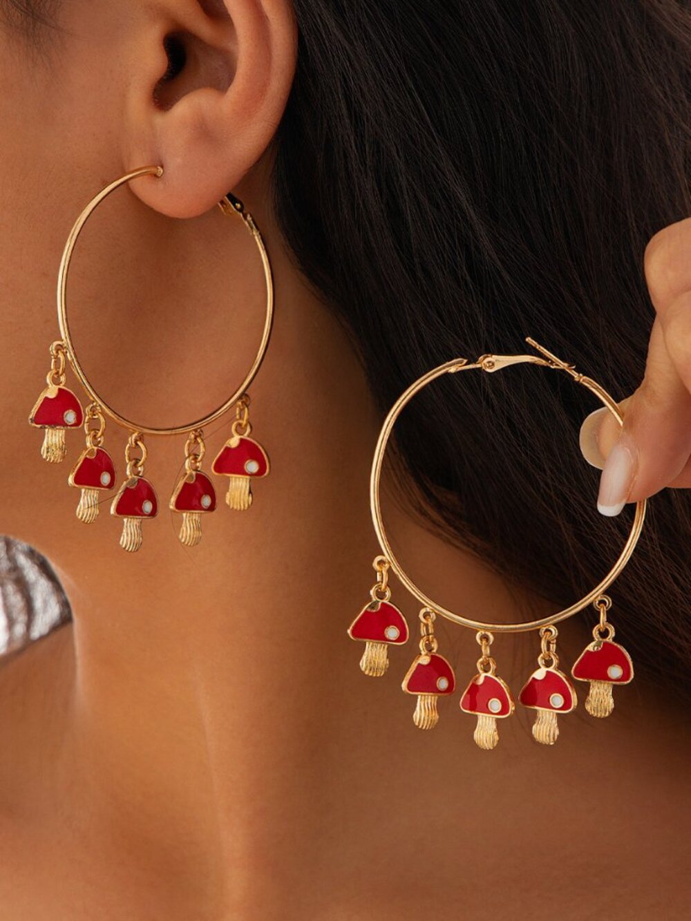 Shiny Gold Large Hoop Earrings Dainty Red Enamel Mushroom Dangle Charms Fun Stat